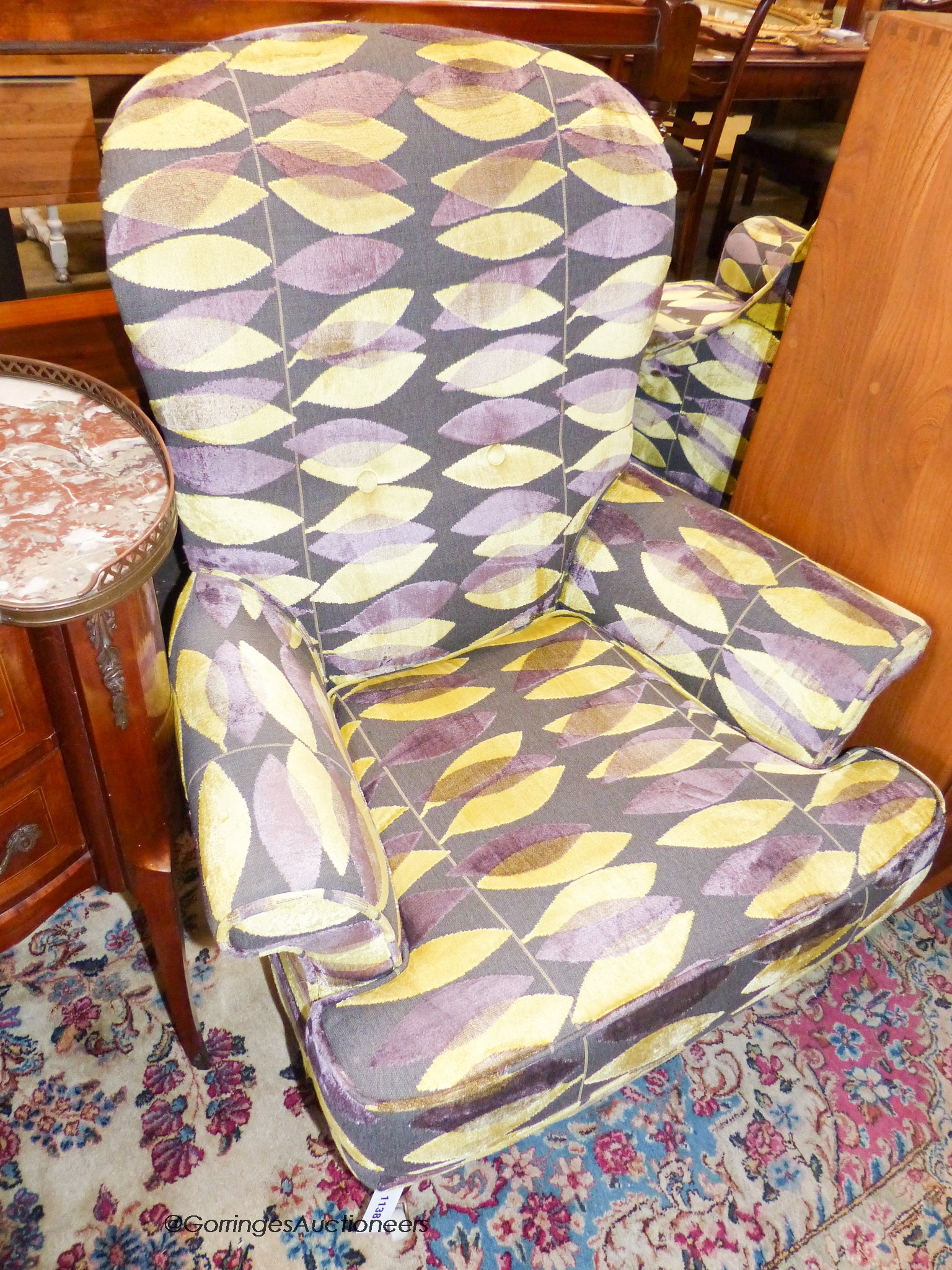 A Victorian armchair in Sanderson fabric, width 84cm, depth 78cm, height 100cm